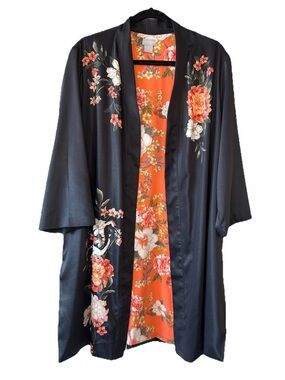 Chico’s Reversible Floral Beaded Kimono Jacket Size 3 Mid Length Festival Boho